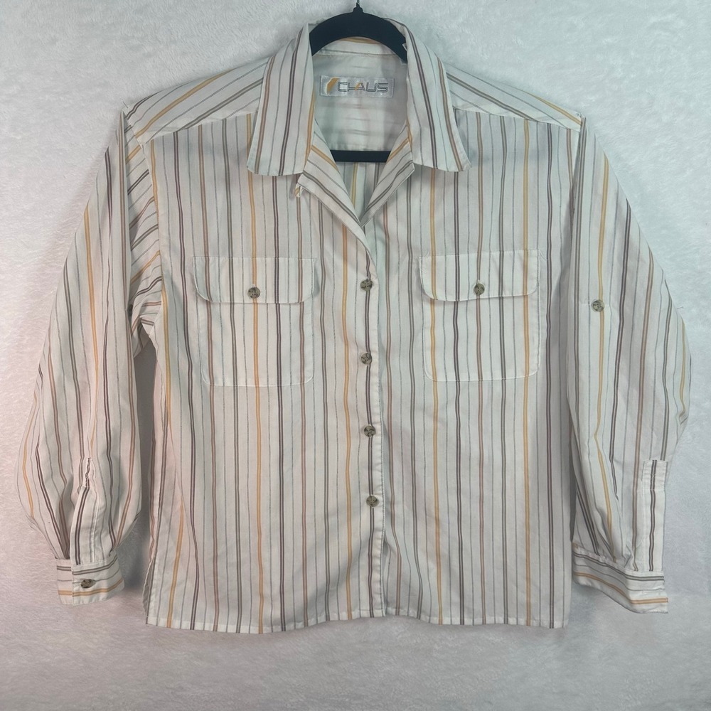 Chaus Button Up Shirt Womens 12 White Striped Long Sleeve Safari Utility Blouse